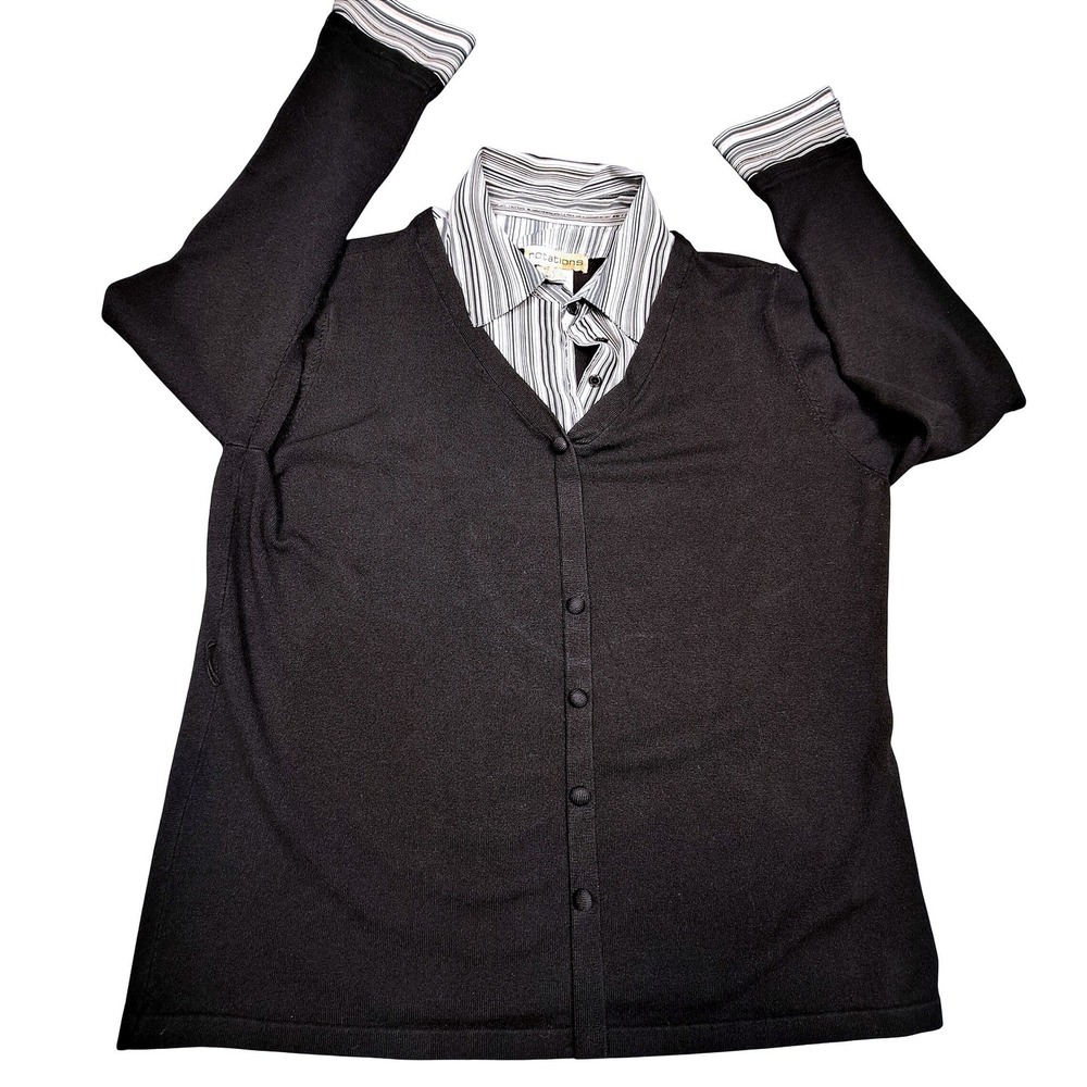 Notations Black Layered Look Cardigan Sweater Striped Collar XL Japan MSVF0456